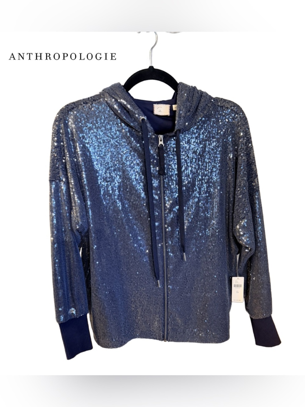 Anthropologie Navy Sequin Zip Hoodie Jacket